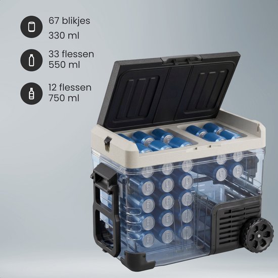 Auronic Elektrische Koelbox - Compressor - 2 Zones - 45L - 12/24V en 240V - Koelen en Vriezen - Camping Koelkast - Frigobox Auto - Met Wielen en Hendel - Zwart