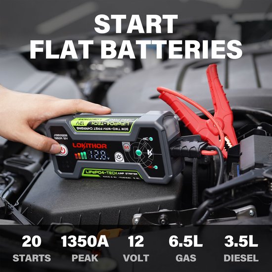 Lokithor Jumpstarter J1350 PRO - 12V 1350A LiFePO4 - Powerbank 30W - Voor Auto, Benzine tot 6,5L & Diesel tot 3,5L - LED Zaklamp