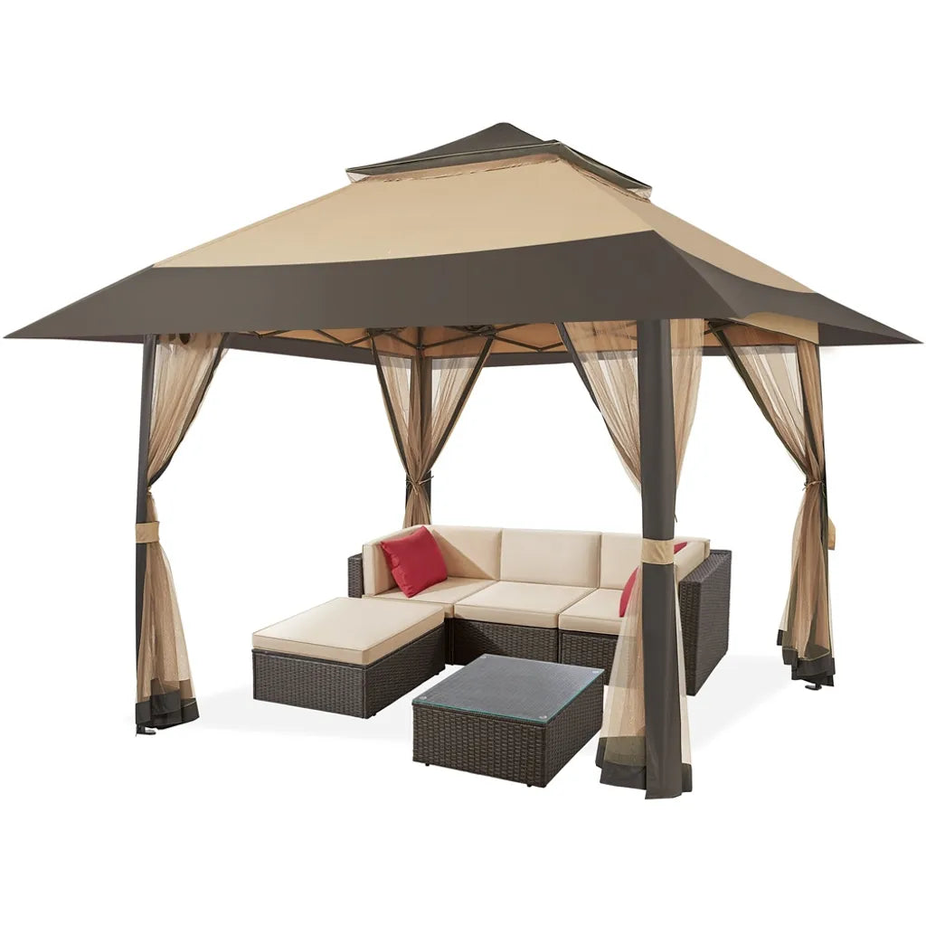 Yaheetech Partytent - 4 x 4 m - Inklapbaar - Tuinpaviljoen - Gaaswanden - Verstelbaar - 271-291 cm - Khaki/Bruin