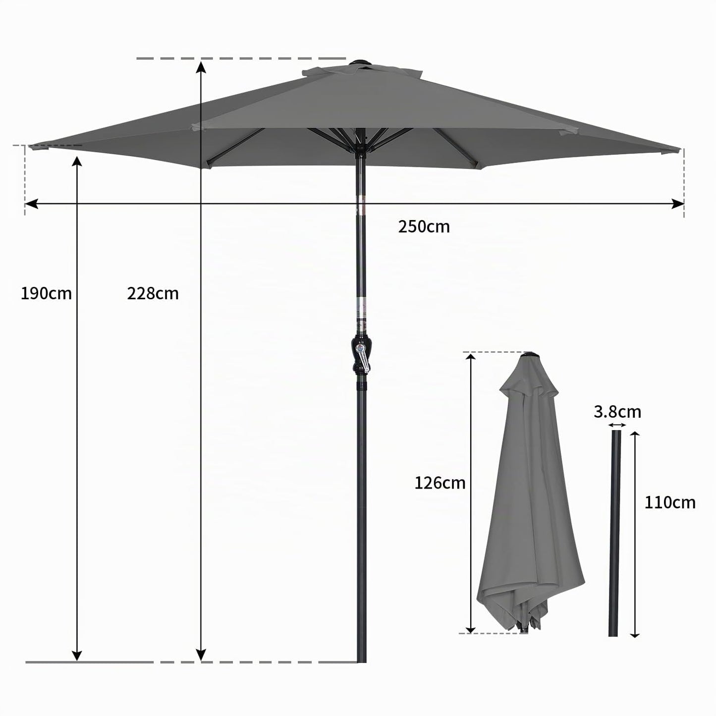Angel Living Parasol 250 cm - ronde tuinparasol met zwengel en kantelfunctie - grijs - polyester UV 50+