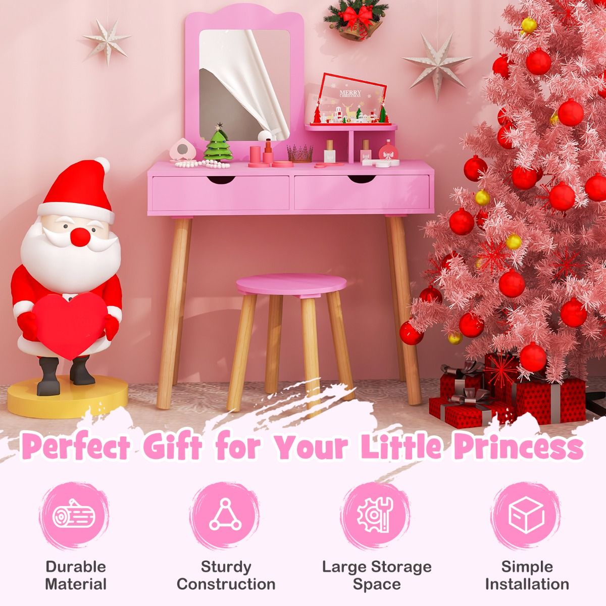 Coast Kaptafel voor kinderen - 2-in-1 met afneembare spiegel - twee lades en houten krukje - roze