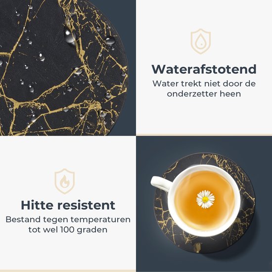 Castagnola Kunstlederen Onderzetters – Onderzetters voor Glazen – Design Onderzetters met Houder – Leren Onderzettersset – Leder – Set van 16 – Marmer look - Zwart/Goud