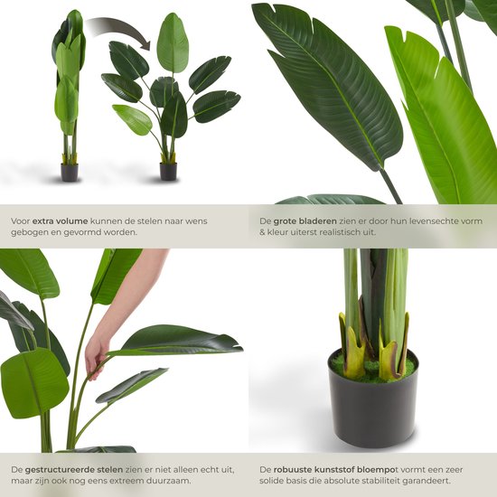 tectake® Kunstmatige Paradijsvogelboom Tropic – Strelitzia - Natuurgetrouwe Kunstplant met Gedetailleerde Bladeren en Stevige Bloempot – Onderhoudsvriendelijk en Veelzijdig – Hoogte: 120 cm