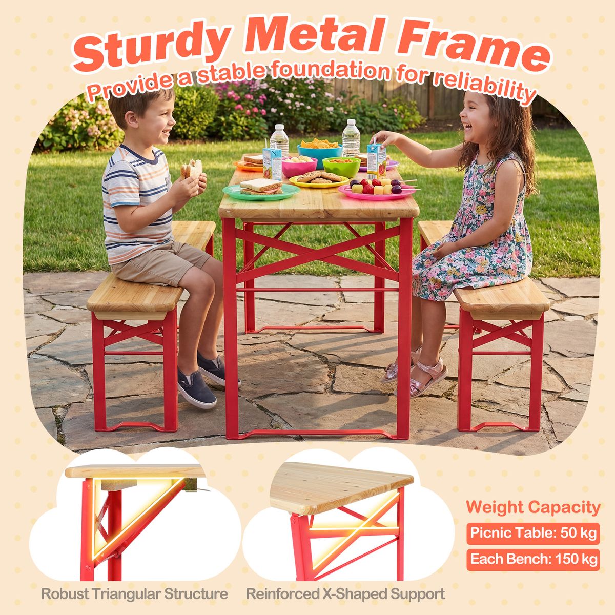 Coast Kinderpicknickset - opvouwbare picknicktafel met 2 banken - vurenhout en metaal - rood