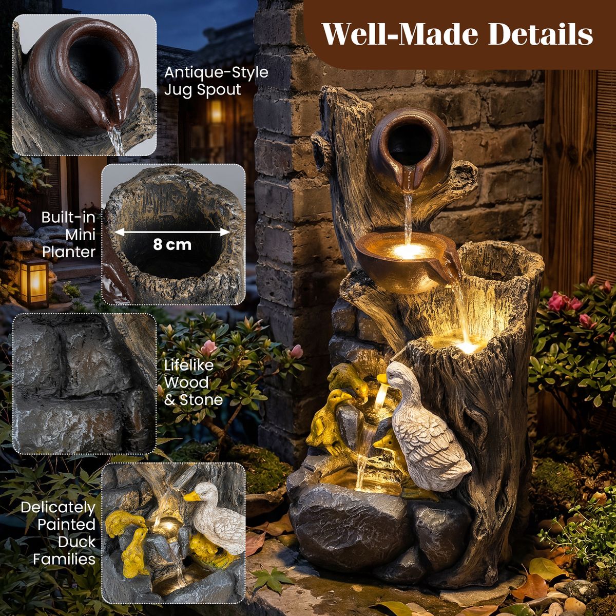 Coast Tuinfontein met eendenfamilie - 4-traps waterval - LED-verlichting - grijs - 30 x 27 x 57 cm