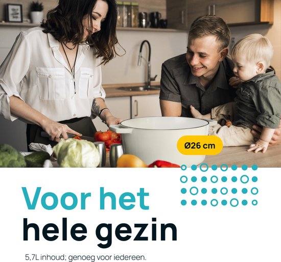 MOA Gietijzeren Braadpan - 5,7L - Voor Alle Warmtebronnen incl. Inductie - Met Deksel - Ø 26cm - Anti-Aanbaklaag - Wit