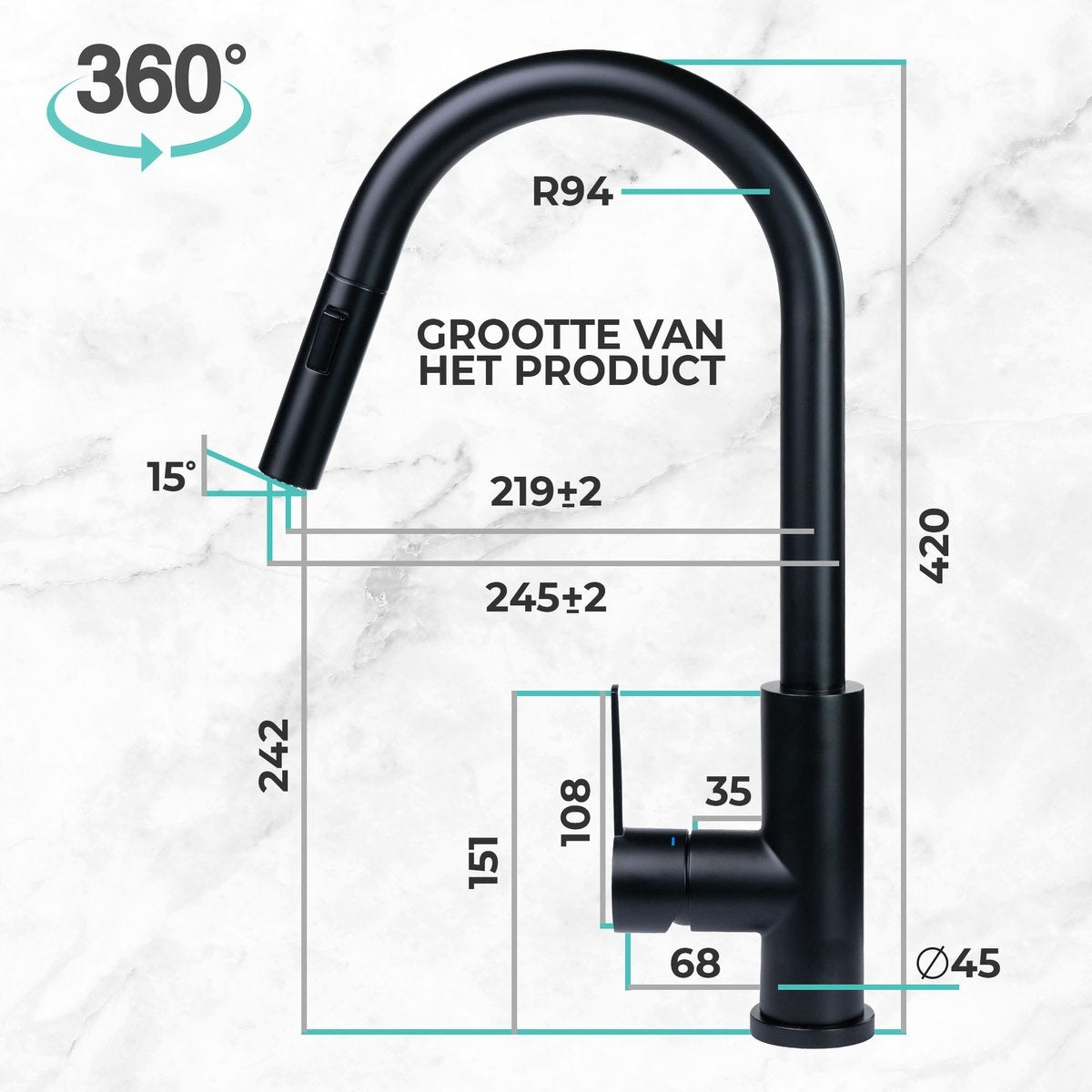 Mizzo Trigo Hoge Keukenkraan met Uittrekbare Uitloop - Semi-professionele Keukenkraan zwart met Sproeikop - Hoge Mengkraan 44cm hoog met Douchefunctie - Ideaal voor keukeneiland - RVS Mat Zwart