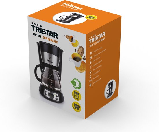 Tristar Koffiezetapparaat CM-1235 - Filter-koffiezetapparaat 750 ml - Geschikt voor camping gebruik - Digitaal en Timer Functie - Glazen kan, Verwijderbare koffiefilter - 7 kopjes - Zwart