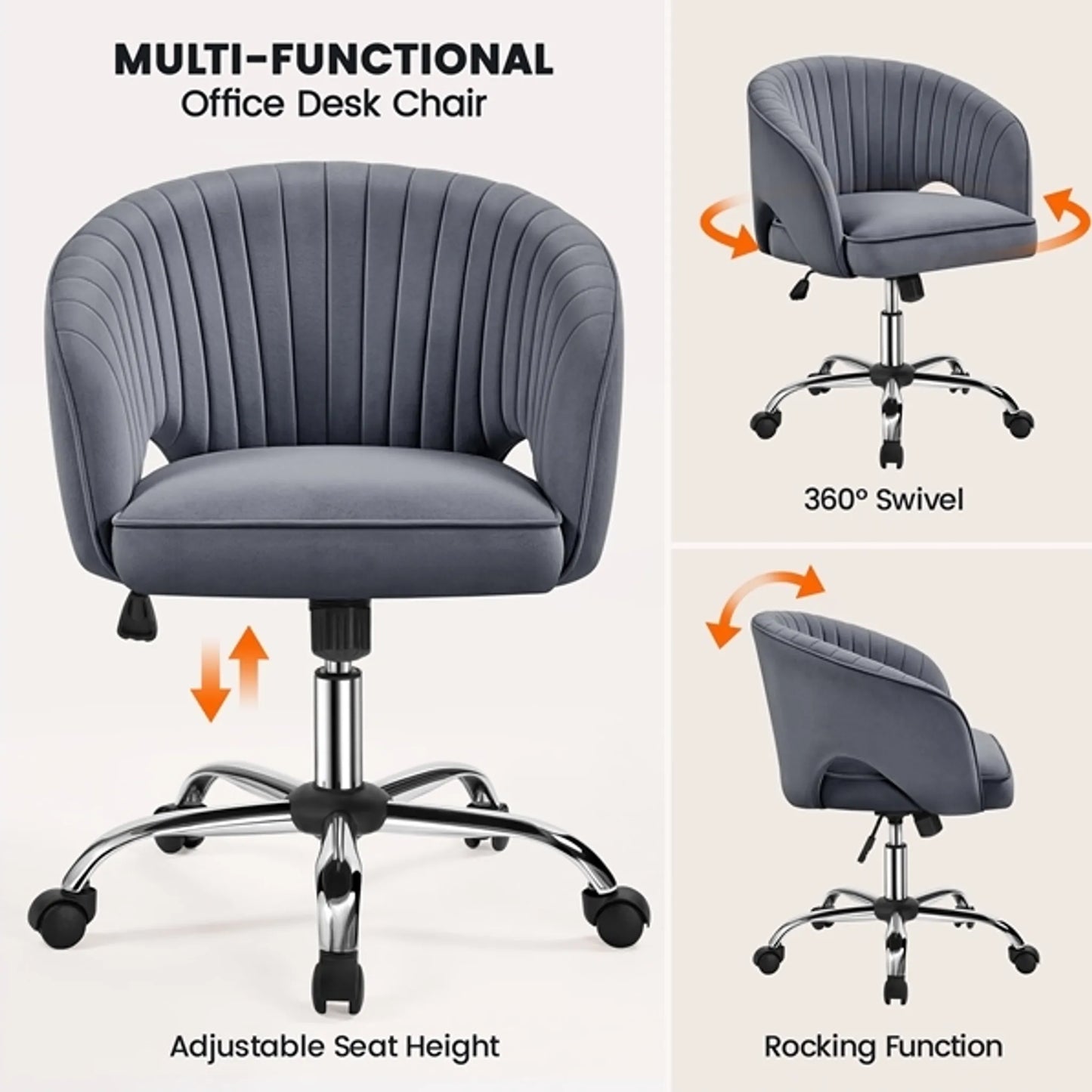 Yaheetech Bureaustoel Fauteuil – 60 x 56,5 x 73-83 cm – Voorzien Van Fluweelzachte Bekleding En Verstelbare Zithoogte En Ontspannende Schommelfunctie – Voor Kantoor En Ontvangsthal – Donkergrijs Polyester En Metaal
