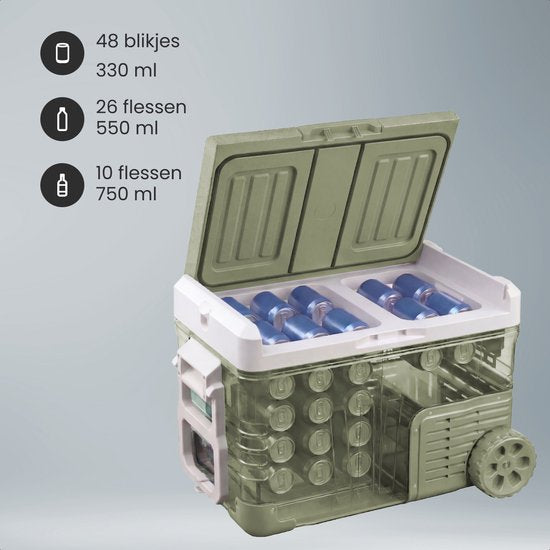 Auronic Elektrische Koelbox - Compressor - 2 Zones - 33L - 12/24V en 240V - Koelen en Vriezen - Camping Koelkast - Frigobox Auto - Met Wielen en Hendel - Groen