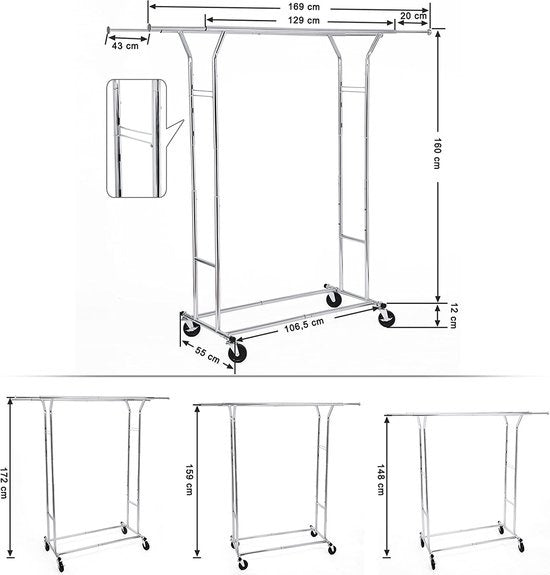 O'DADDY® Kledingrek - Garderoberek - Dubbele stang - Uitschuifbaar en Verstelbaar - Stabiel Ontwerp - 110 kg Draagcapaciteit - Metaal - Zilver