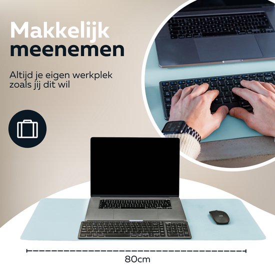 WURK Professionele Bureau Onderlegger Kunstleer - Bureau Organizer – Bureaumat – Bureau Accessoires – Muismat XXL - Inclusief Kabel Clip - Baby Blauw - 80x40