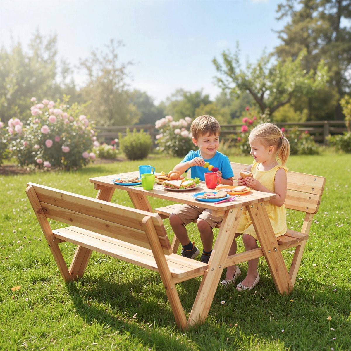 Coast Kinderpicknicktafel - houten peutertafel en bankenset - met rugleuning - naturel