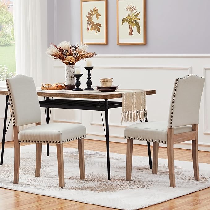 Yaheetech Eetkamerstoelen Set van 2 Gestoffeerd met Houten Poten - Beige - Max. 136 kg