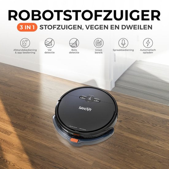 Sanovy 3 in 1 Robotstofzuiger met dweilfunctie - 1800 PA- Automatische laadstation - Dweilrobot – App