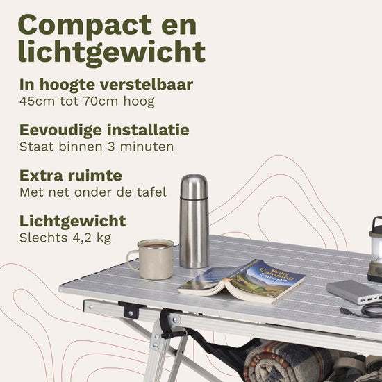 TRVLMORE Campingtafel Verstelbaar - 90x52x71cm - Inklapbare Tafel met Aluminium Frame - Lichtgewicht - Kampeertafel - Klaptafel - Zilver