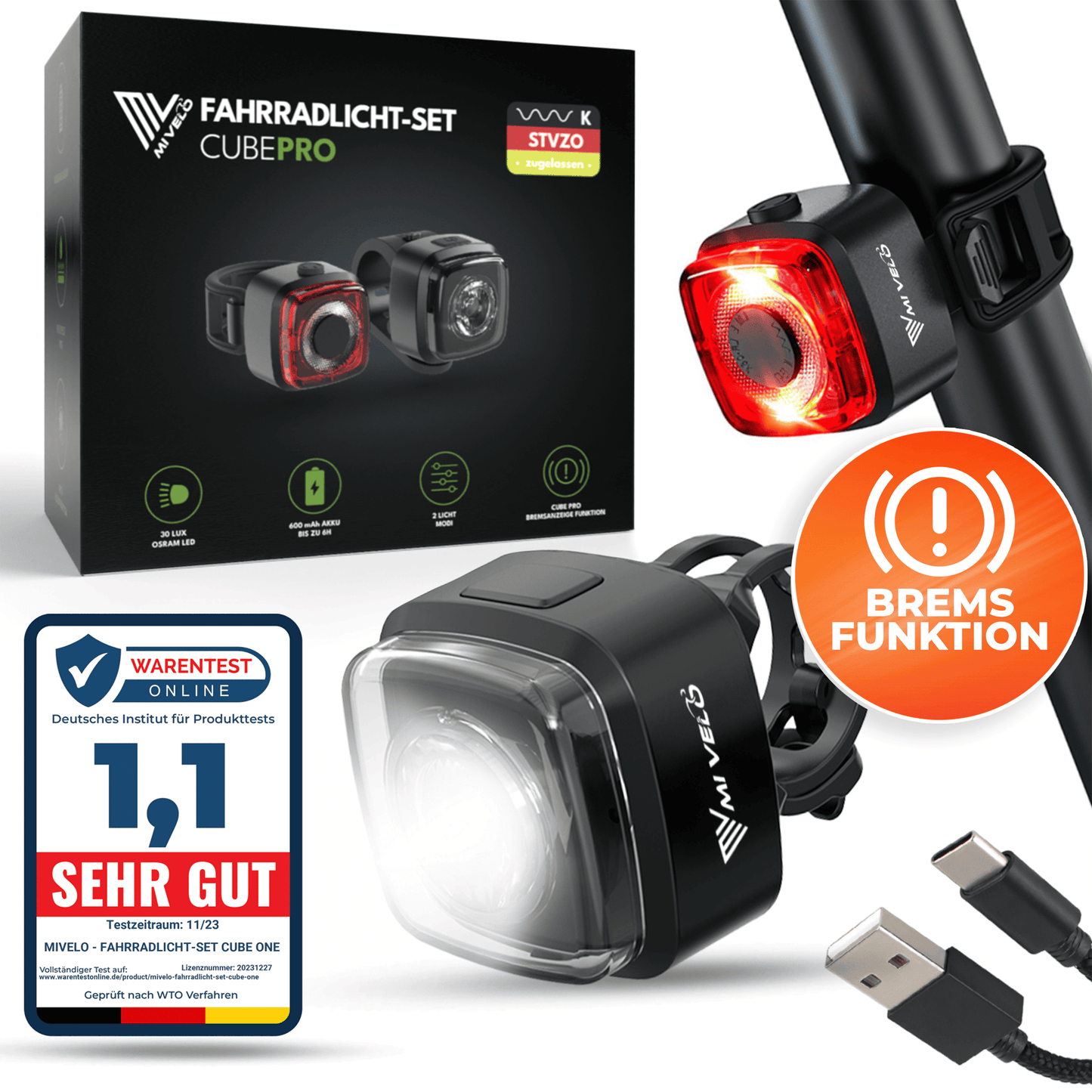 Mivelo - LED Fietsverlichtingsset  'Cube Pro' USB-oplaadbaar met remlicht - Zwart