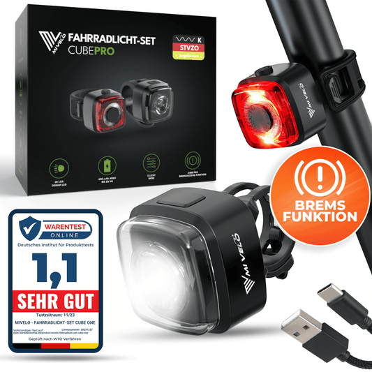 Mivelo - LED Fietsverlichtingsset  'Cube Pro' USB-oplaadbaar met remlicht - Zwart