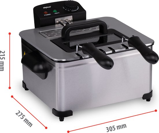 alpina Frituurpan Dubbel 5 Liter - Friteuse met Instelbare Thermostaat - Frituur met 3 Uitneembare Manden - Frietpan 2000W - 27,5 x 21,5 x 30,5 cm - RVS