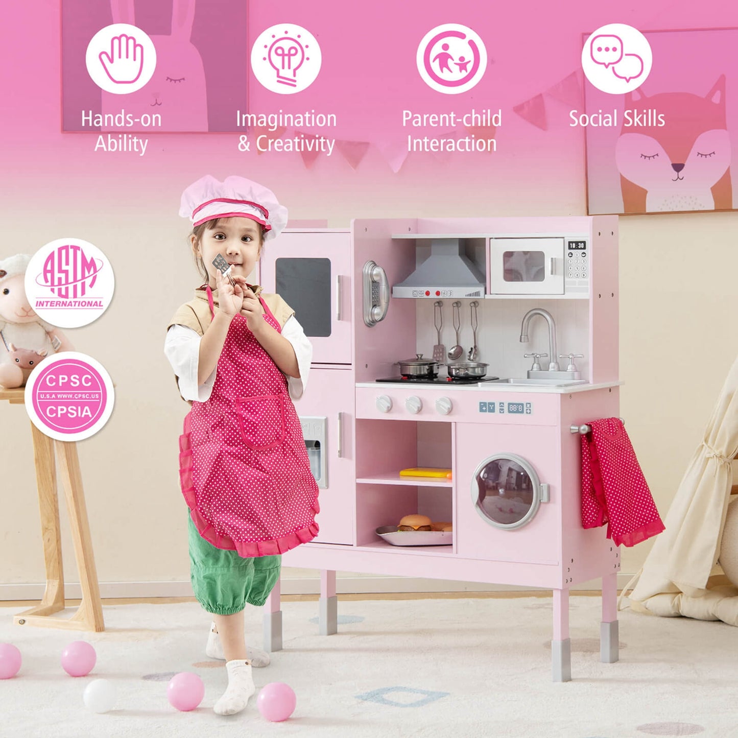 Coast Kinderkeuken met 16 spelaccessoires voor kinderen van 3 jaar 83 x 29 x 103 cm roze
