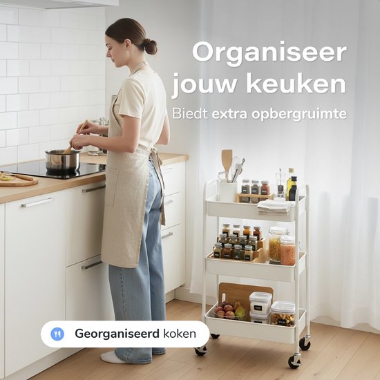 Keuken trolley op Wieltjes - 3 laags - Keukenrek - Serveerwagen - Kastje - Karretje - Opberg - Douche kastjes staand - Rekje - Wit - Luft