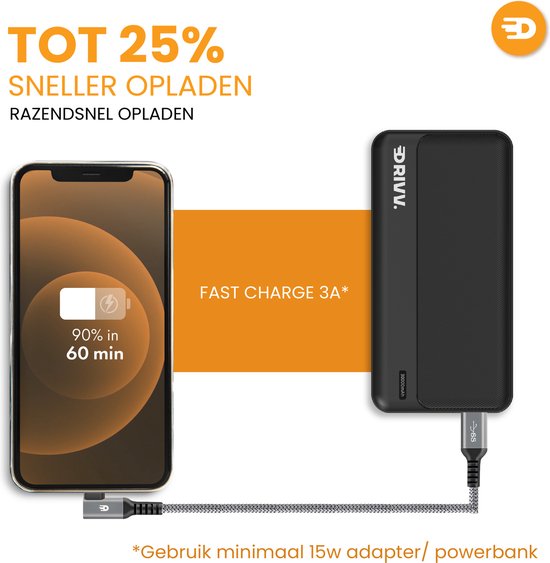 Drivv. USB naar USB C Kabel - Haaks - 2024 Model - USB C Data en oplaadkabel - Fast Charge / Snellader - 1.5 Meter Kort - Geschikt voor Samsung, iPhone 15 en Meer - Grijs