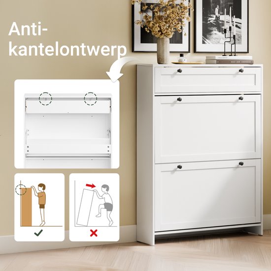 SoBuy – Schoenenkast Met 1 Lade – 80 x 19 x 107 cm & Met 2 Kanteldeuren – Voorzien Van Anti-tip Systeem En Silicone Voetjes – Voor Smalle Gangen En Entrees – Wit Mdf