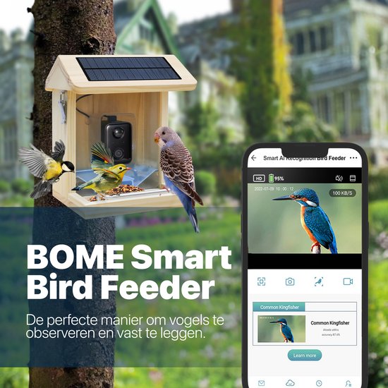 BOME - Vogelvoederhuisje - Camera en Audio - AI Vogelherkenning - Hout - Dubbel zonnepaneel - Hangend