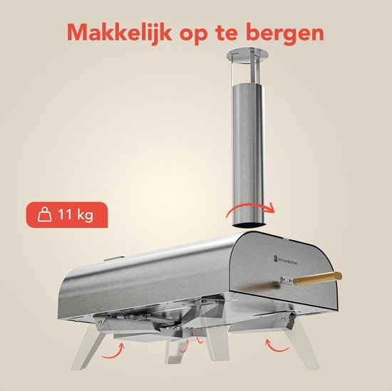 KitchenBrothers Pizza Oven - Houtgestookt - Tafelmodel - Met Beschermhoes - PFAS-vrij - Inklapbaar - Pizzasteen - tot 460°C Pizza maker - Complete Set - Pizzaoven voor Buiten - RVS