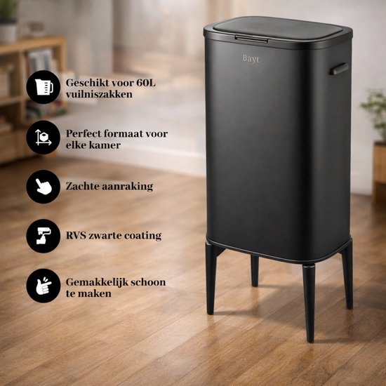 Bayt Prullenbak op pootjes - Prullenbak 60 Liter vuilniszakken - Vuilnisbak - Afvalbak - RVS - Zwart - 53L