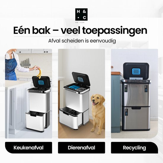 Hom&Com Prullenbak 3 Vakken 60L Grijs – Automatische Afvalbak met Sensor – Soft-Close Deksel, Ozonfunctie & Geurfilter voor Afvalscheiding