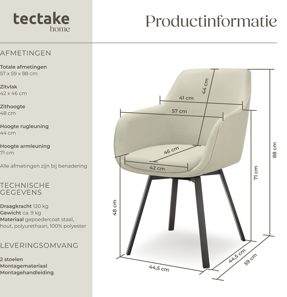 tectake® - Draaibare Eetkamerstoel Alicon - 57x59x88 cm – Set van 2 – Beige – Stijlvol en Comfortabel - Woonkamer Of Kantoor