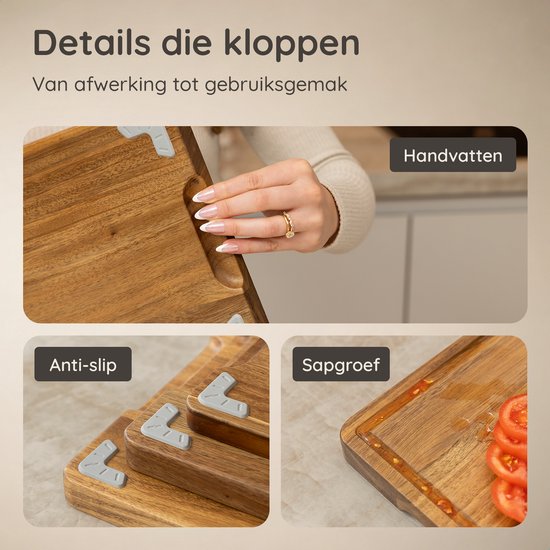 Deleca 3-delige Snijplankenset Sevilla met Houder - Snijplanken (40x30 | 33x24 | 26x18 cm) - Voor Keuken, Serveerplank, Kaasplank, Borrelplank, Snijplank en Tapasplank - FSC Acacia Hout