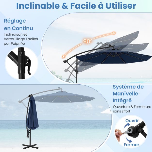 5-delige Tuinset met 3 m Zweefparasol en LED Verlichting - Blauw/Grijs