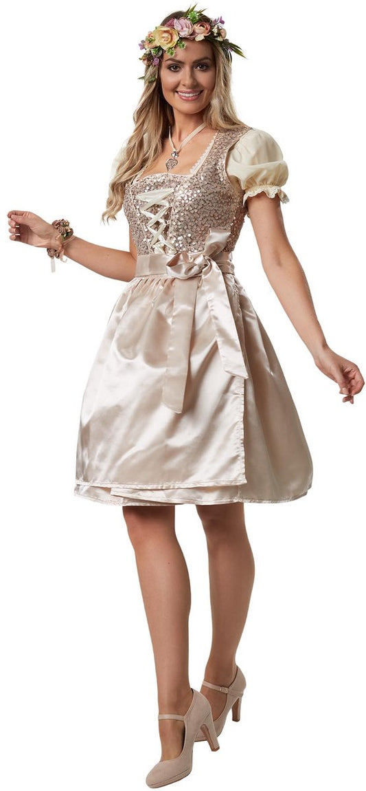 Dressforfun - Mini-Dirndl Burgau Model 1 – Nauwaansluitende Korte Dirndl in Beige met Pailletten en Glanzend Satijn – Maat XL