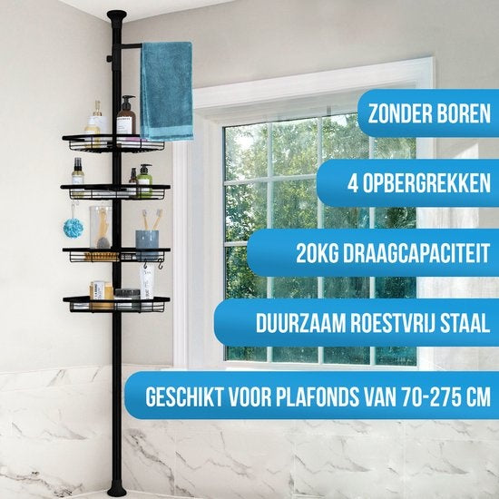 Strex Telescopische doucheplank hoek - 4 korven - RVS - Verstelbaar 70-275 cm - Zwart - Max.20 kg -