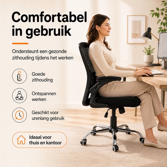 Infinity Goods Ergonomische Bureaustoel - Office Chair - 4D Lendensteun & Mesh - Opklapbare Armleuningen - Tot 150kg - NEN-EN1335 - Zwart