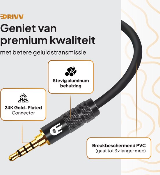 Drivv. AUX-kabel 3,5 mm - Jack naar Jack - 4-polige audiokabel - Verguld - Male naar Male - PVC - Zwart - 5 meter