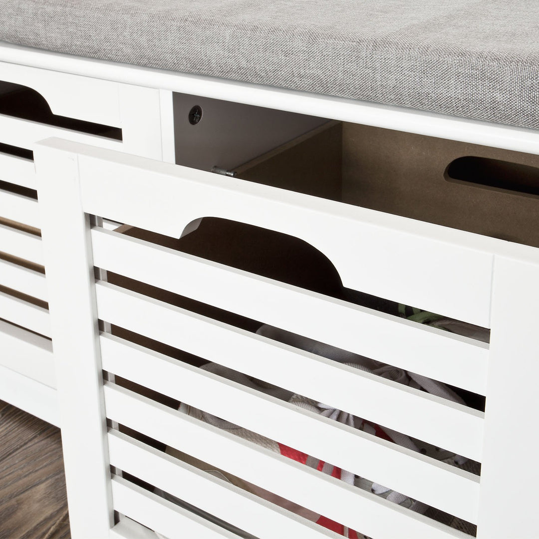 SoBuy Schoenenkast met gestoffeerd zitvlak - 3 Manden  -Landelijk - Max. 120 kg -105 x 35 x 43 cm - Wit / Grijs