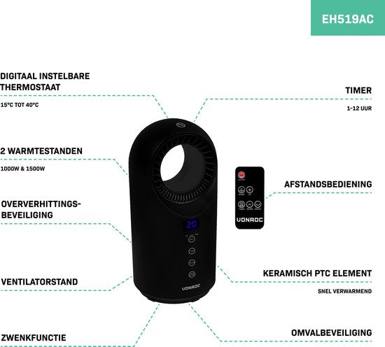 VONROC Elektrische kachel – 1000W/1500W – Bladeless -  Keramisch – Afstandsbediening - Zwenkfunctie - Timer - Thermostaat – 15m2 – zwart