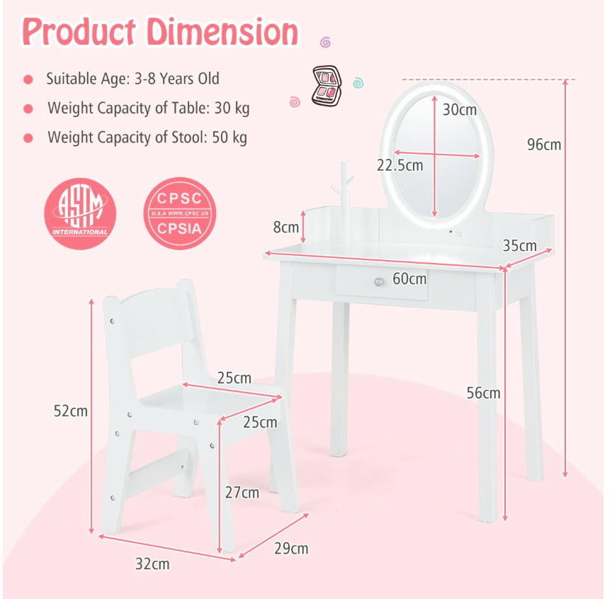 Coast Kinderkaptafel en Stoelset - 2-in-1 Bureau, Tweekleurige LED-Spiegel, Anti-kantel - 60 x 35 x 96 cm - MDF/Grenen Hout - Wit