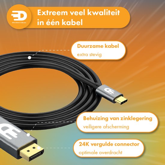 USB C naar Displayport Kabel - 8K 60Hz 4K 120Hz - Thunderbolt 3 - Geschikt Voor Apple / iMac / Macbook (Pro) - 1.8 meter