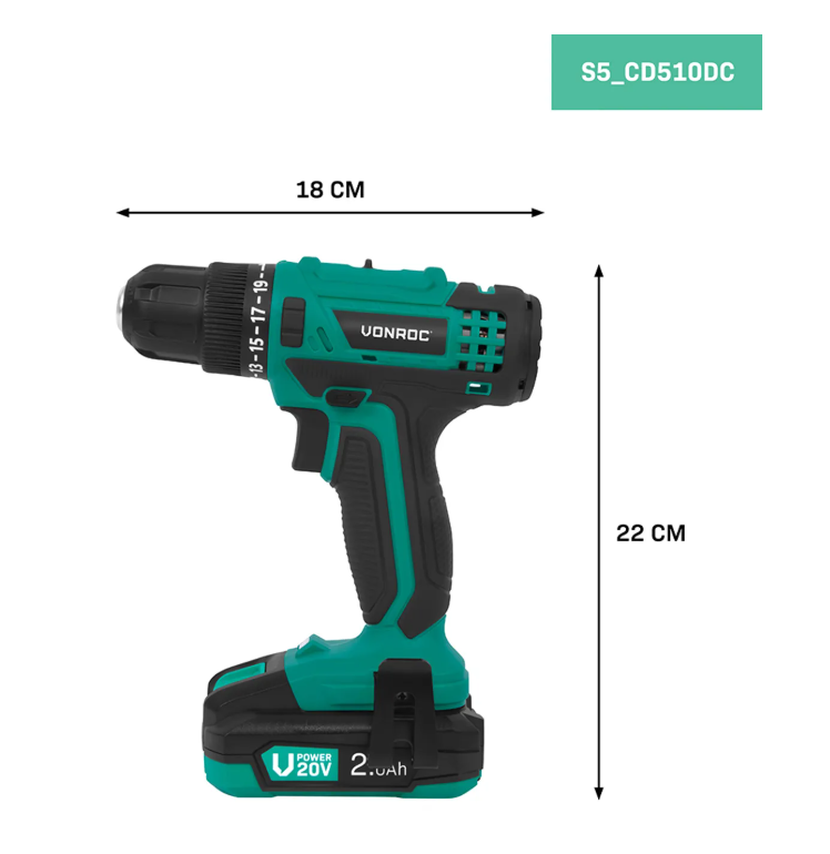 Vonroc Accuboormachine 20V – 25 Nm – 19+1 Standen – 2,0 Ah Accu – 46 Accessoires – Aluminium Koffer