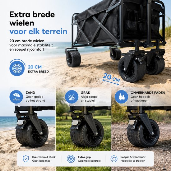 Bolderkar Opvouwbaar - Inklapbare Bolderwagen 150 kg - Handkar Booschappen - Strandkar - Bolderkar Kinderenvervoer - Beachwagon - Bolderwagen Kinderen - Handcart - Tuinkar - Strand & Festival Trolley - Bolderkarren - Transportkar - Zwart - Silvergear