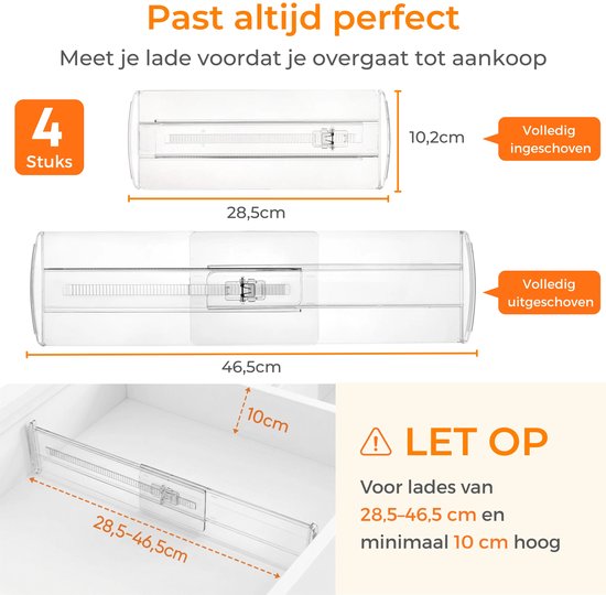 Posity Ladeverdeler - Verstelbaar & Uitschuifbaar - 4 Stuks - Lade Organizer - Voor Keuken, Slaapkamer & Kleding - Kunststof - Transparant