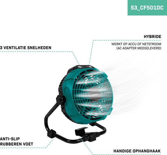 VONROC Ventilator 20V - voor draadloos en bedraad gebruik - Incl. netstroom adapter - Incl. 20V – 4.0Ah accu en snellader
