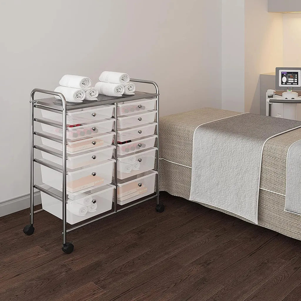 Rolwagen met 12 Lades op Wielen Metalen Frame en Handgrepen Wit 63 × 38,5 × 82 cm