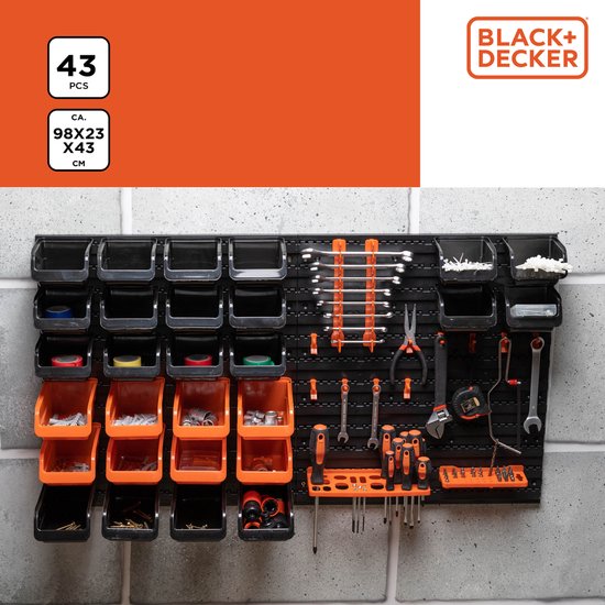 BLACK+DECKER Gereedschapsbord met Opbergbakjes en Hangers - 98 x 23 x 43 CM - 43 Onderdelen - Gereedschapswand