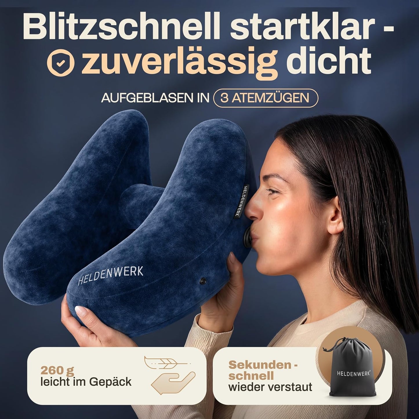Heldenwerk Premium Air Nekkussen Opblaasbaar - Donkerblauw - Inclusief Capuchon en Oordopjes