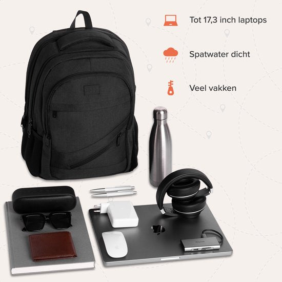 TRVLMORE Rugzak met Levenslange - Rugtas met 17 Inch Laptopvak - Schooltas - Spatwaterdicht - Heren en Dames - Jongens en Meisjes - 36L - Zwart
